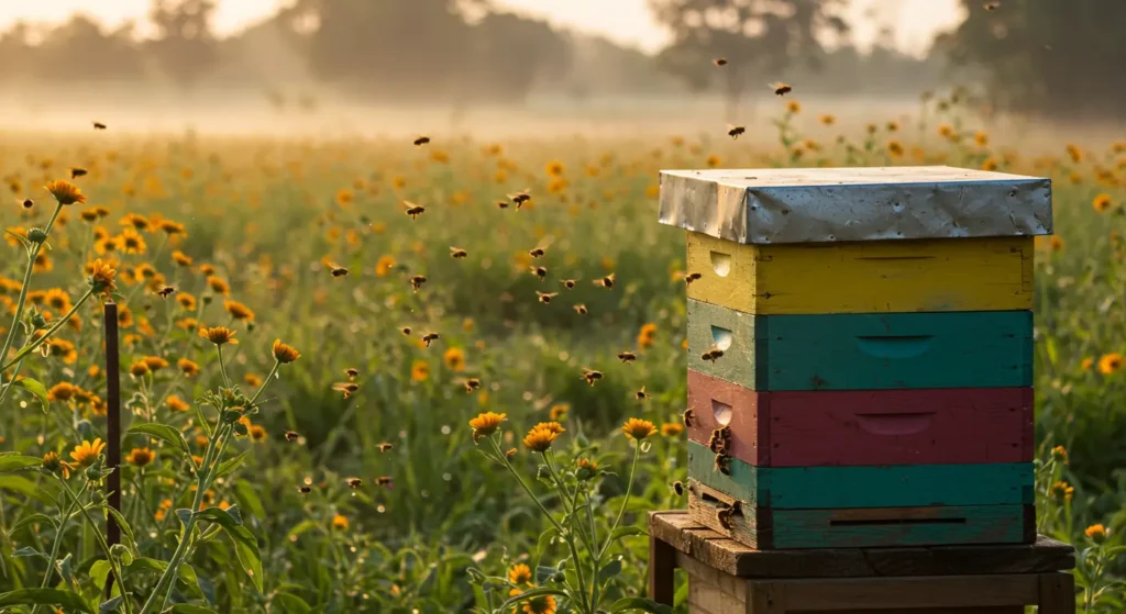 East African honeybee on a flower in a diverse, pesticide-free farm, representing natural disease resistance.