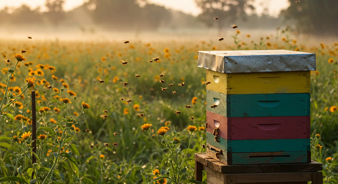 East African honeybee on a flower in a diverse, pesticide-free farm, representing natural disease resistance.