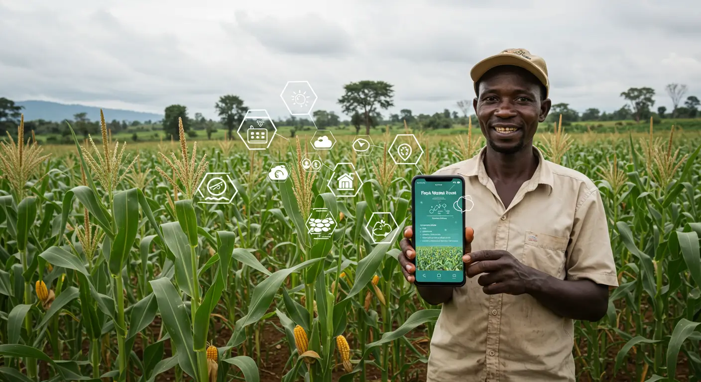 Kenyan farmer watering drought-resistant crops using a solar-powered irrigation system, under a sunny blue sky with distant hills and healthy farmland in the background