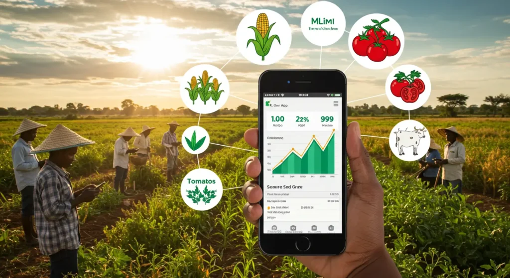 Malawian farmer holding a smartphone showing the Mlimi App with crop advisories, market prices, and weather alerts, standing in a lush farmland with maize, tomatoes, and livestock icons around the phone.