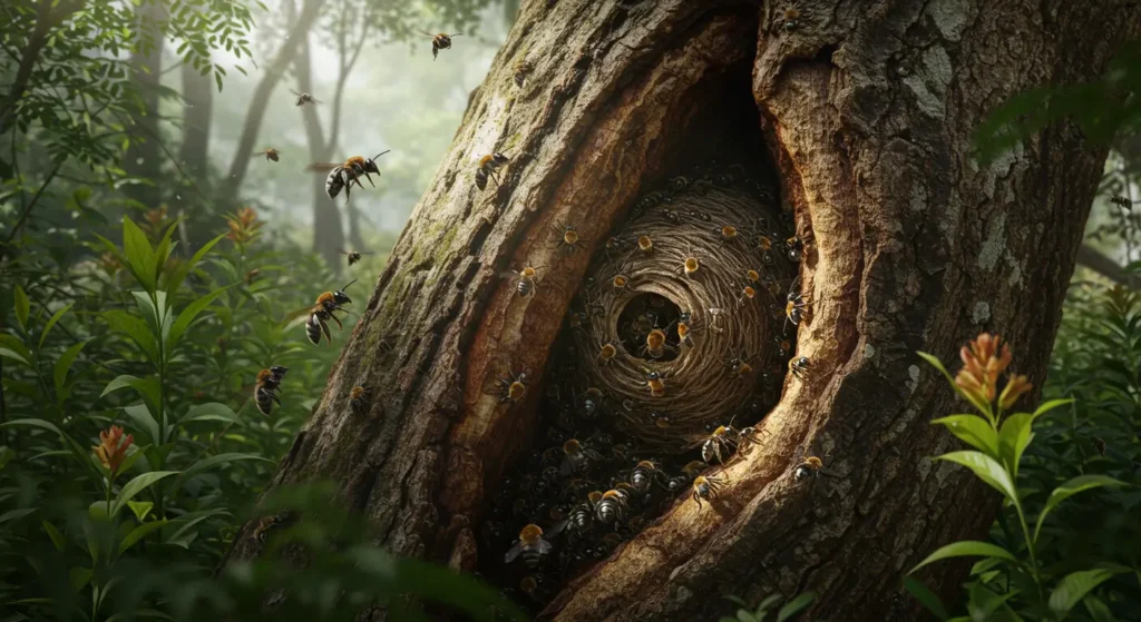 Stingless bees on flowers with a small traditional hive in an East African farm, highlighting sustainable meliponiculture practice