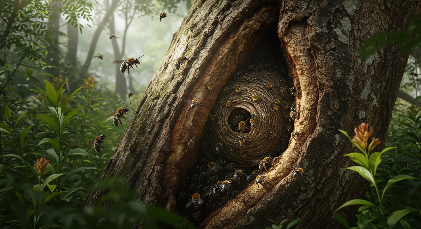 Stingless bees on flowers with a small traditional hive in an East African farm, highlighting sustainable meliponiculture practice