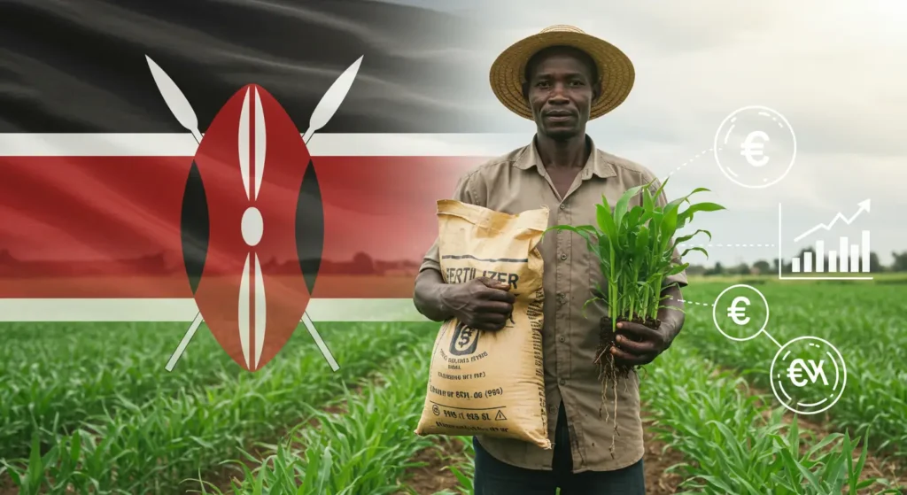 Kenyan farmer in a lush green maize field applying fertilizer, representing the impact of agricultural subsidies and input programs in rural Kenya, 2025.