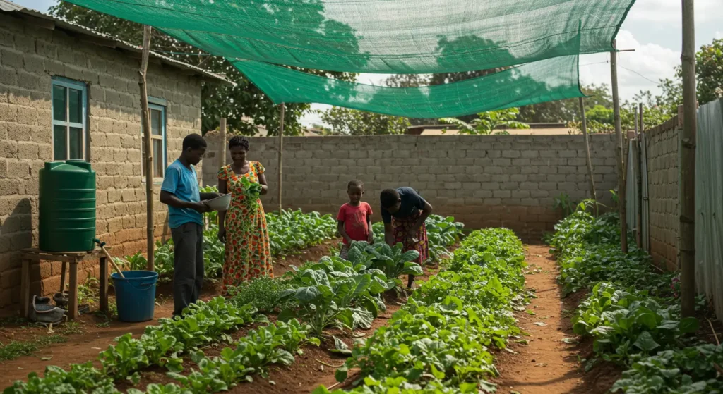 Kenyan family tending leafy vegetables in a small kitchen garden with water tanks and shade nets, representing the One Million Kitchen Gardens initiative.