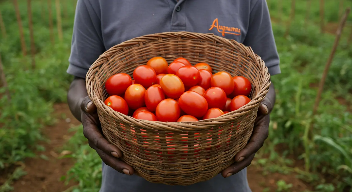 Close-up of a Kenyan tomato farmer in Loitoktok holding a basket of fresh tomatoes, symbolizing independence from brokers.