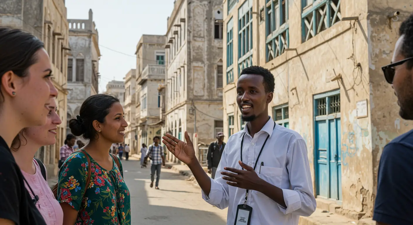 Somali tour guide leading tourists in Mogadishu cultural tour