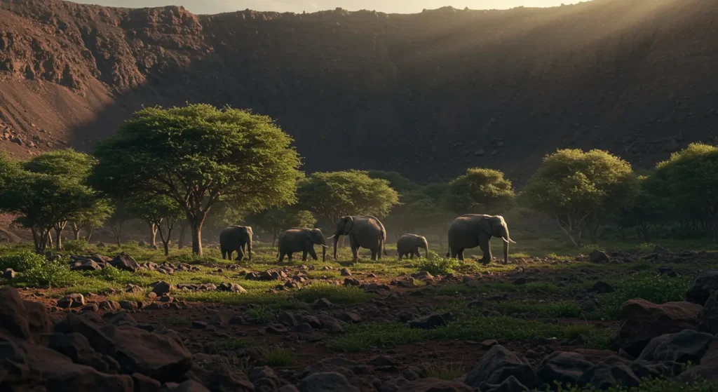 Elephants in the green volcanic crater forests of Marsabit, Northern Kenya.