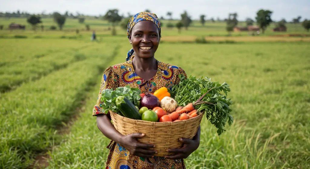 A Kenyan woman farmer in a kitenge dress carrying a basket of vegetables in a lush green field, smiling proudly.