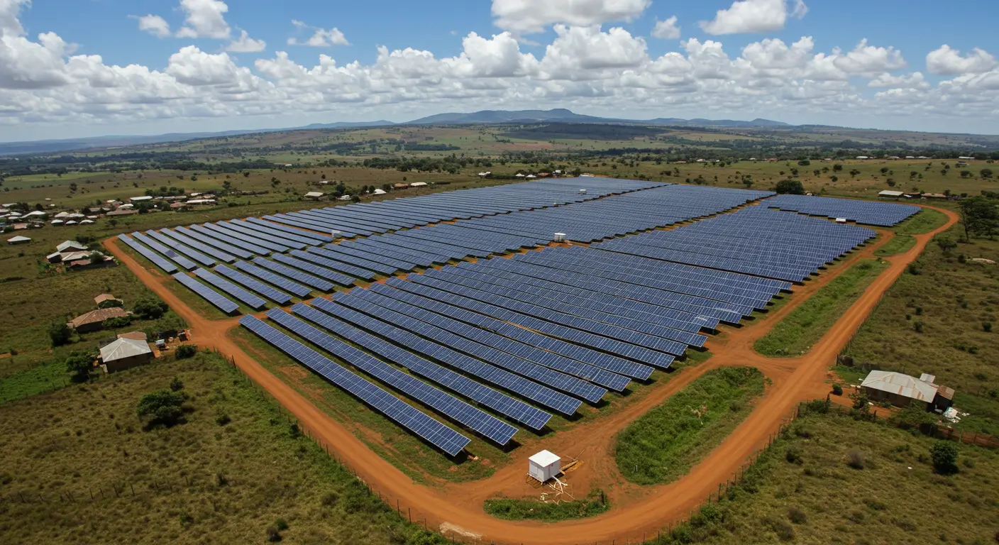 Large solar farm in rural Kenya with panels and distant hills under sunlight