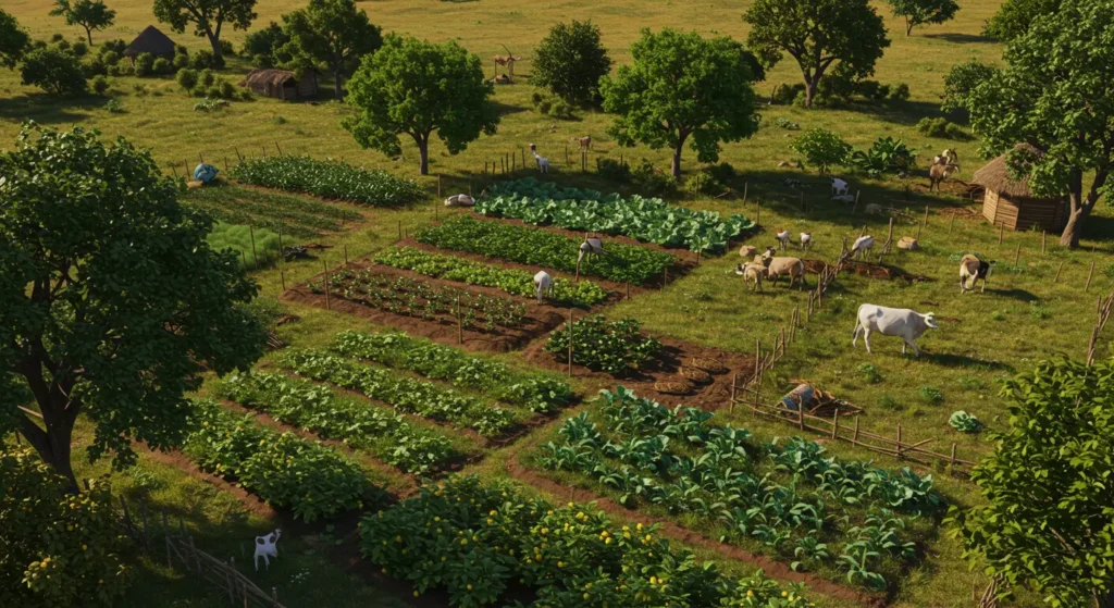 Sustainable agroforestry farm in Kenya with trees, crops, and livestock.