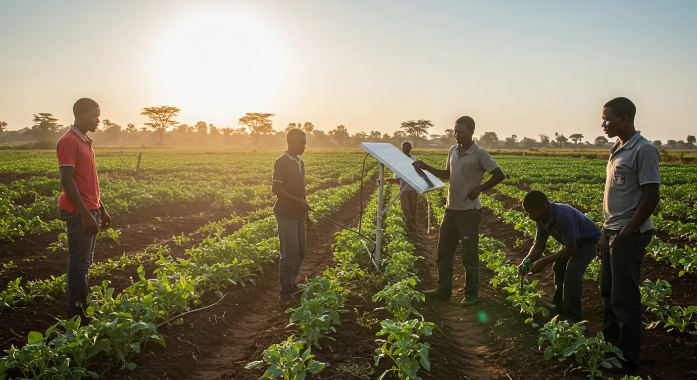 Young farmers using solar-powered irrigation system in western Kenya