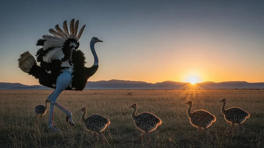 Female Somali ostrich with chicks running across scrubland.