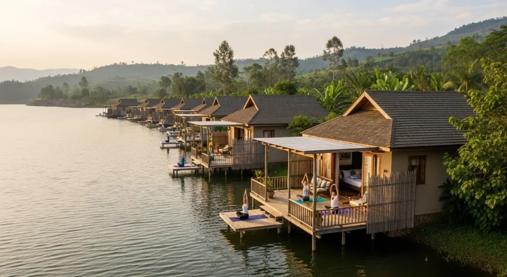 Luxury lakeside lodge at Lake Muhazi, Rwanda, with private decks and wellness activities