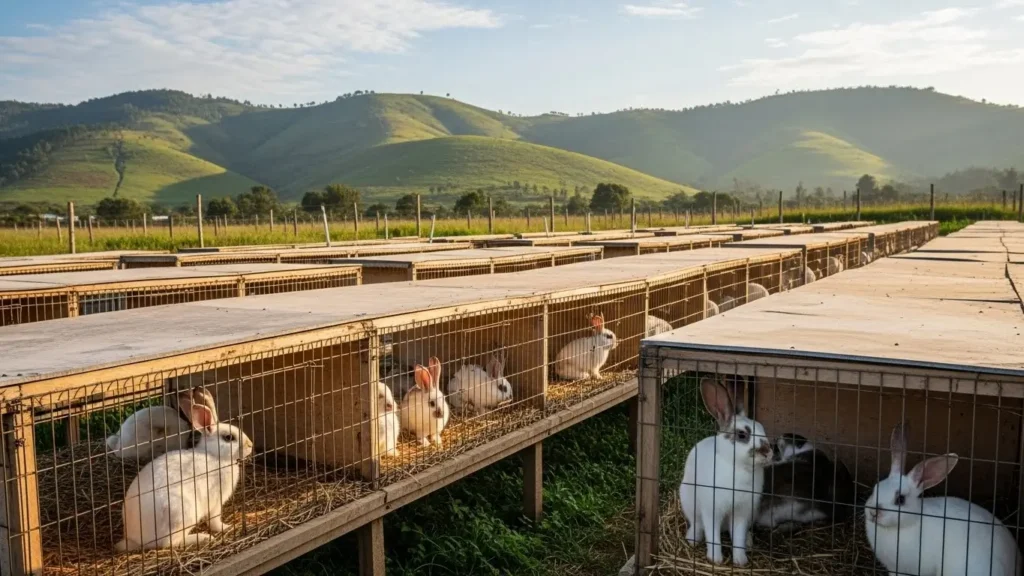 althy rabbits in hutches on a modern farm