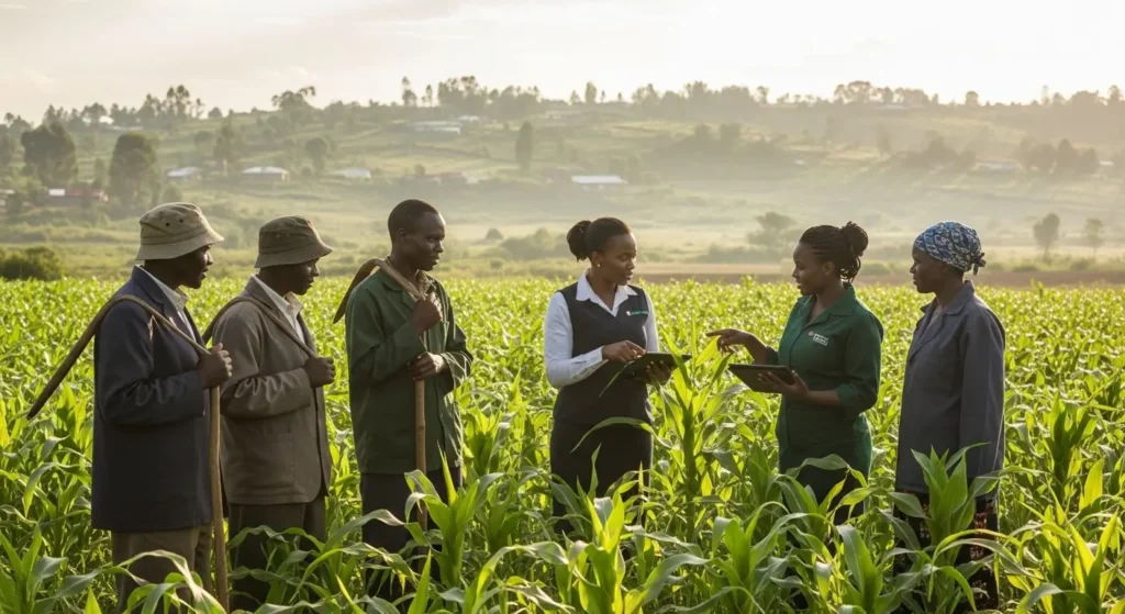 Kenyan farmers in a green maize field in Kiambu County engaging with an extension officer using a tablet, demonstrating agricultural communication in practice