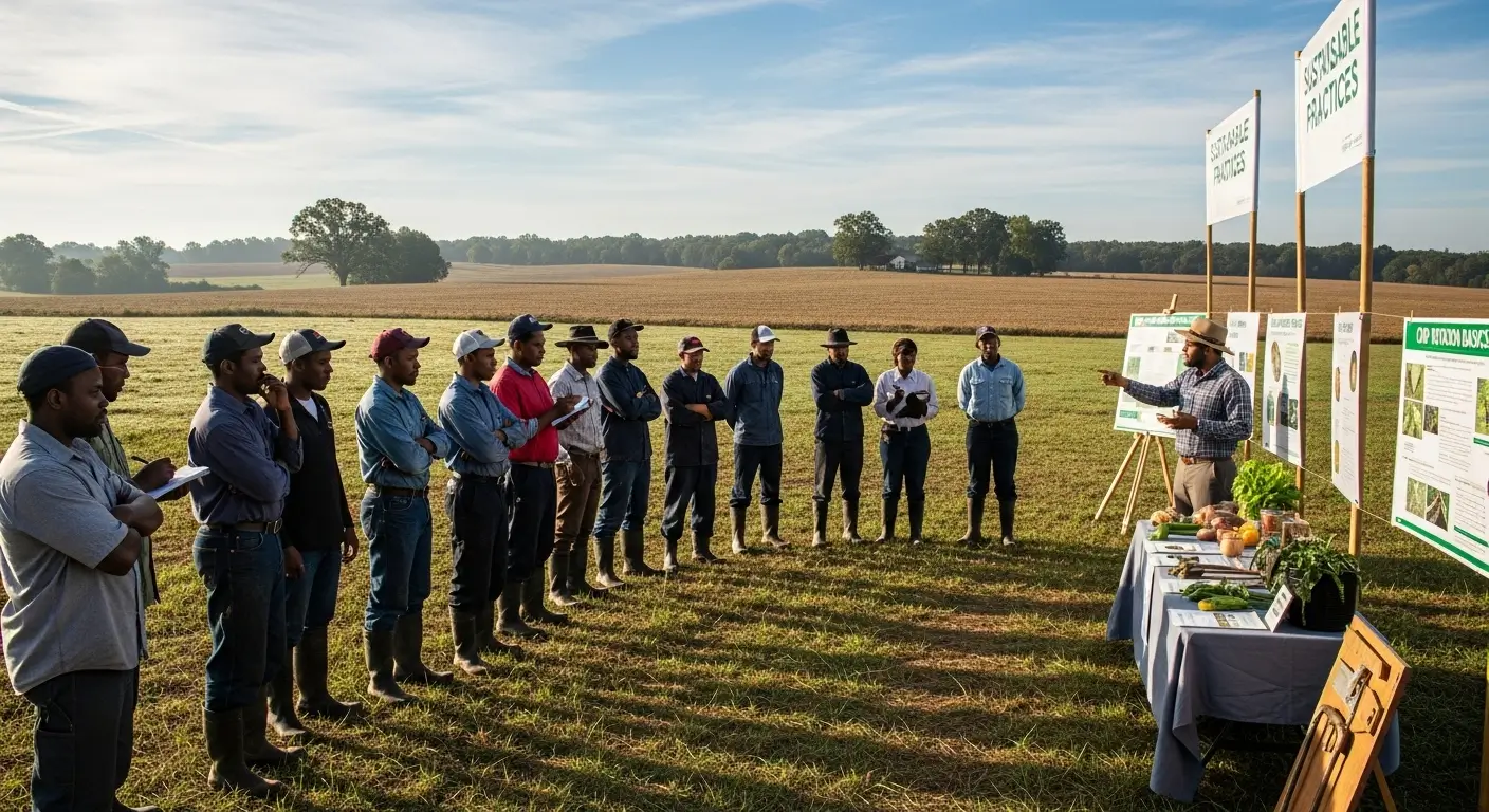 Kenyan farmers looking skeptical while reviewing agricultural campaign materials in a rural village.