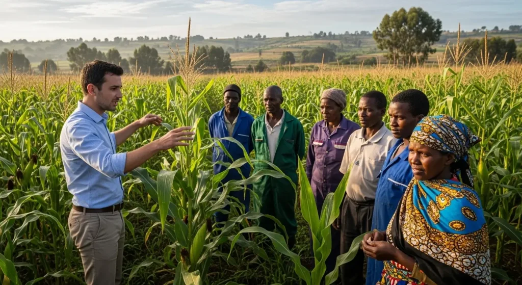 Extension officer explaining agricultural policies to smallholder farmers in Kenya.