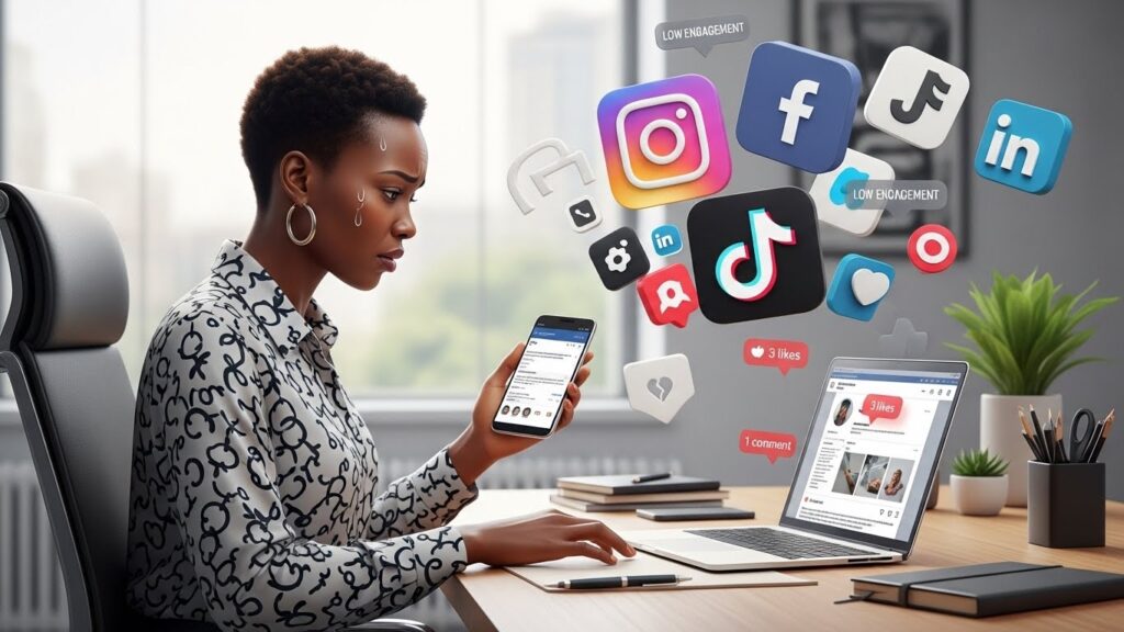 Kenyan SME owner struggling with low social media engagement, checking Instagram, Facebook, TikTok, and LinkedIn on laptop and phone