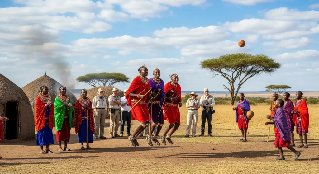“Visitors participating in cultural activities at a Maasai village in the Maasai Mara, Kenya”