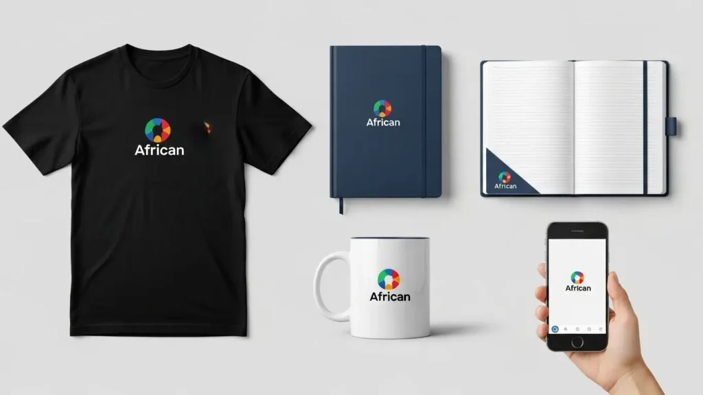 A modern African business logo displayed on a t-shirt, diary, coffee mug, and smartphone, illustrating consistent and versatile branding.