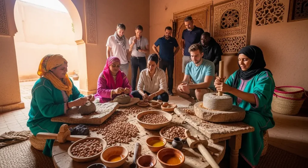 Travelers watching Berber women press argan nuts using traditional wooden tools in Morocco, participating in an authentic agro-tourism experience