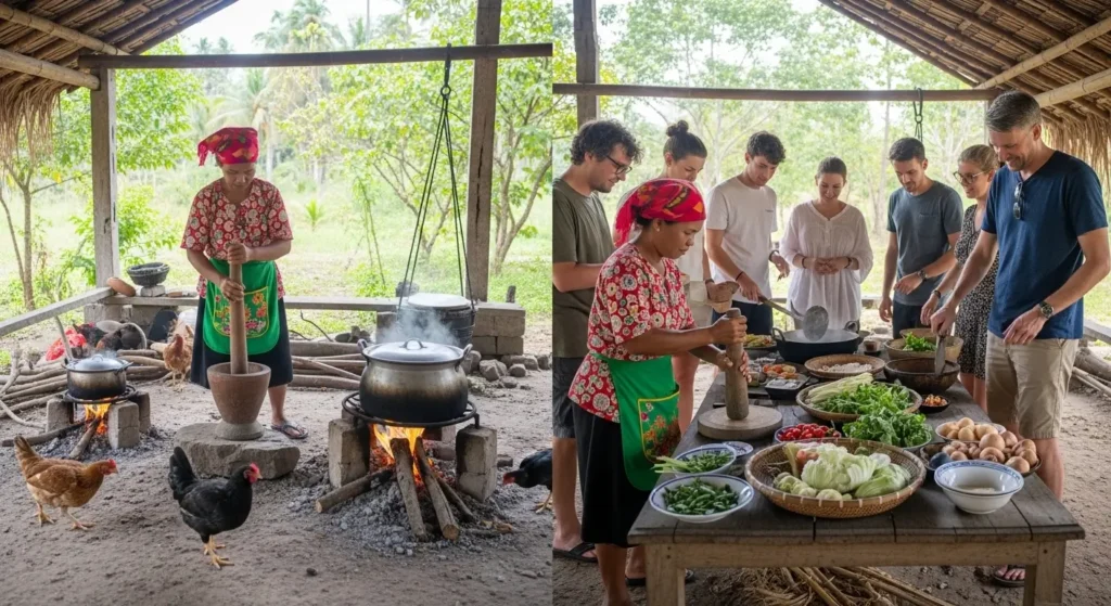 Young African farmer showing international visitors traditional farming in a scenic rural village with huts, livestock, and rolling hills under sunlight.