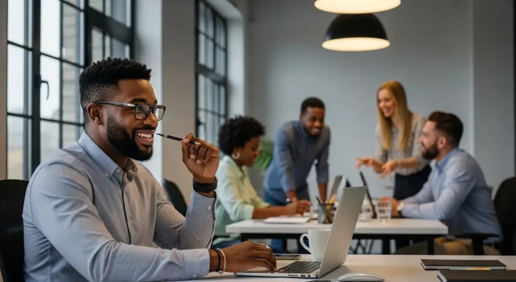 Afounder reviewing brand logos, mood boards, and sketches with a diverse team in a modern office, conveying brand strategy and leadership.