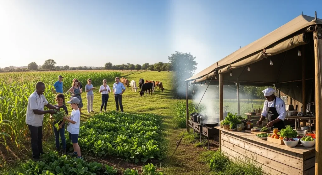 Visitors harvesting crops alongside African farmers, children participating, chef preparing meals under a canopy, and animals grazing nearby on a vibrant farm, showcasing agritourism, culture, and innovation