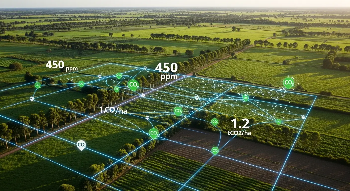 Aerial view of carbon farming landscape in Africa with data overlay showing climate finance and agricultural monitoring