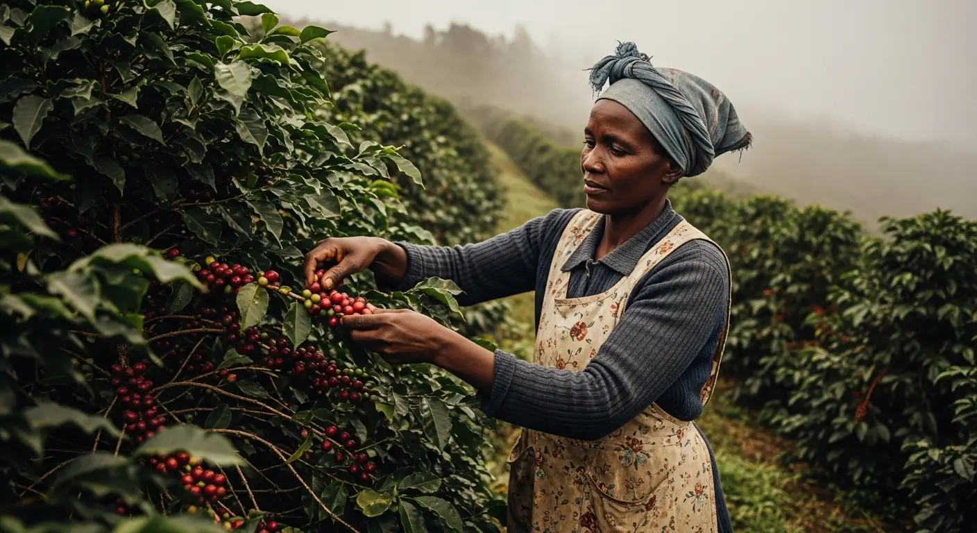 Coffee Act 2023 Kenya — woman farmer picking red coffee cherries by hand on a misty hillside farm in Kirinyaga County
