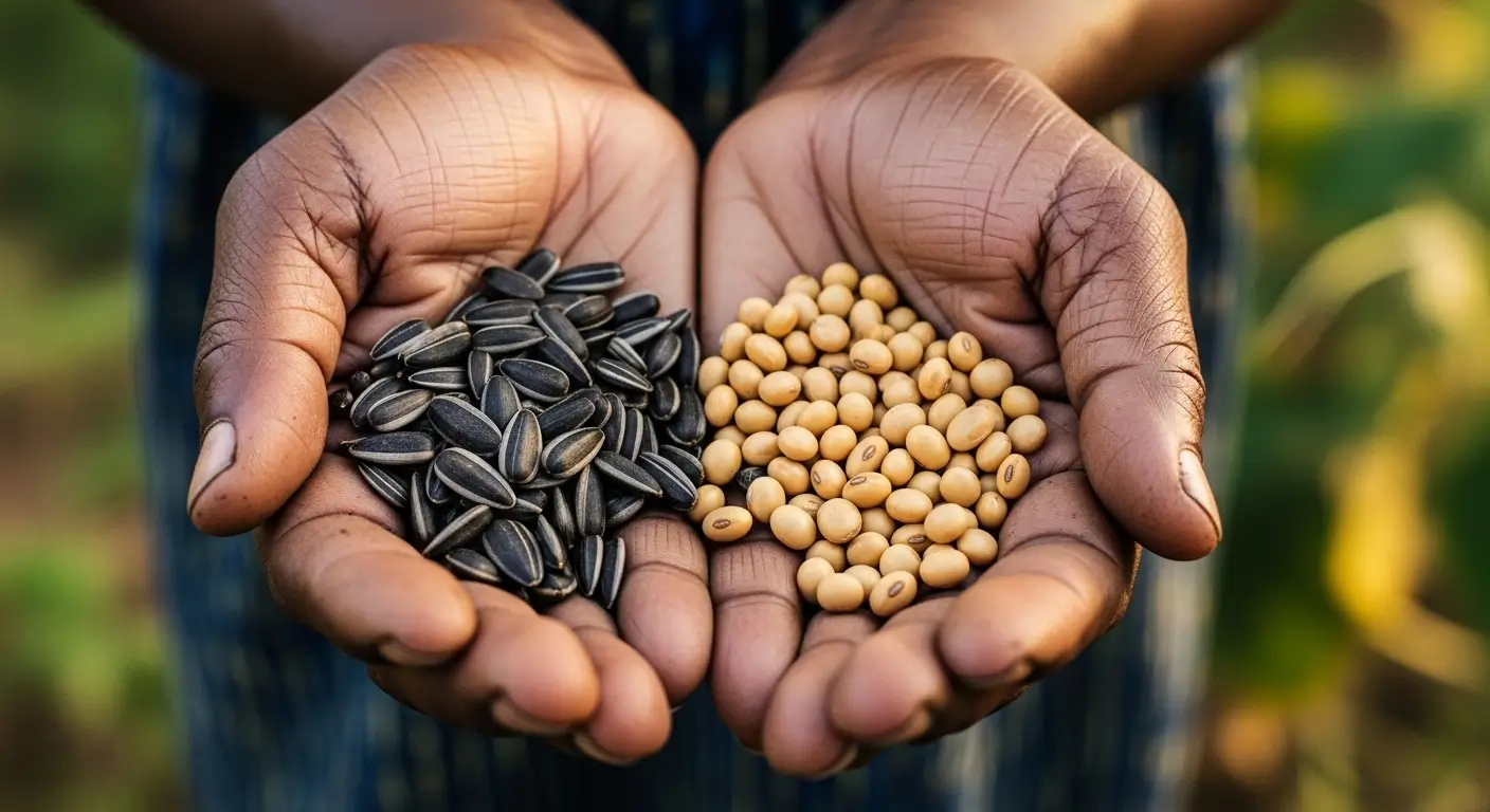 Kenyan woman farmer holding sunflower seeds and soybean seeds in her hands, soil on fingers, natural light, oilseed farming Kenya