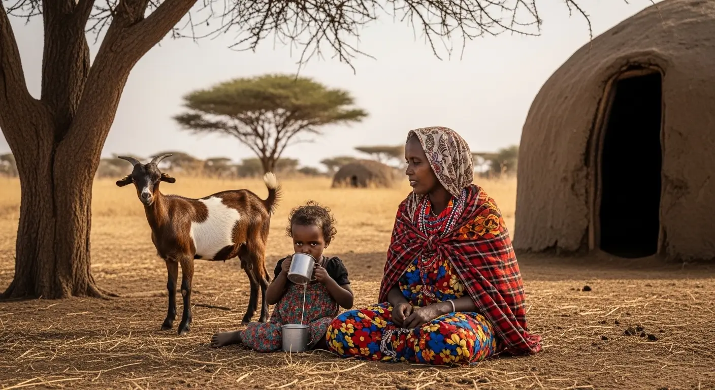 FAO livestock Kenya — Somali-Kenyan pastoralist mother watches daughter drink fresh goat milk outside manyatta in Mandera Count