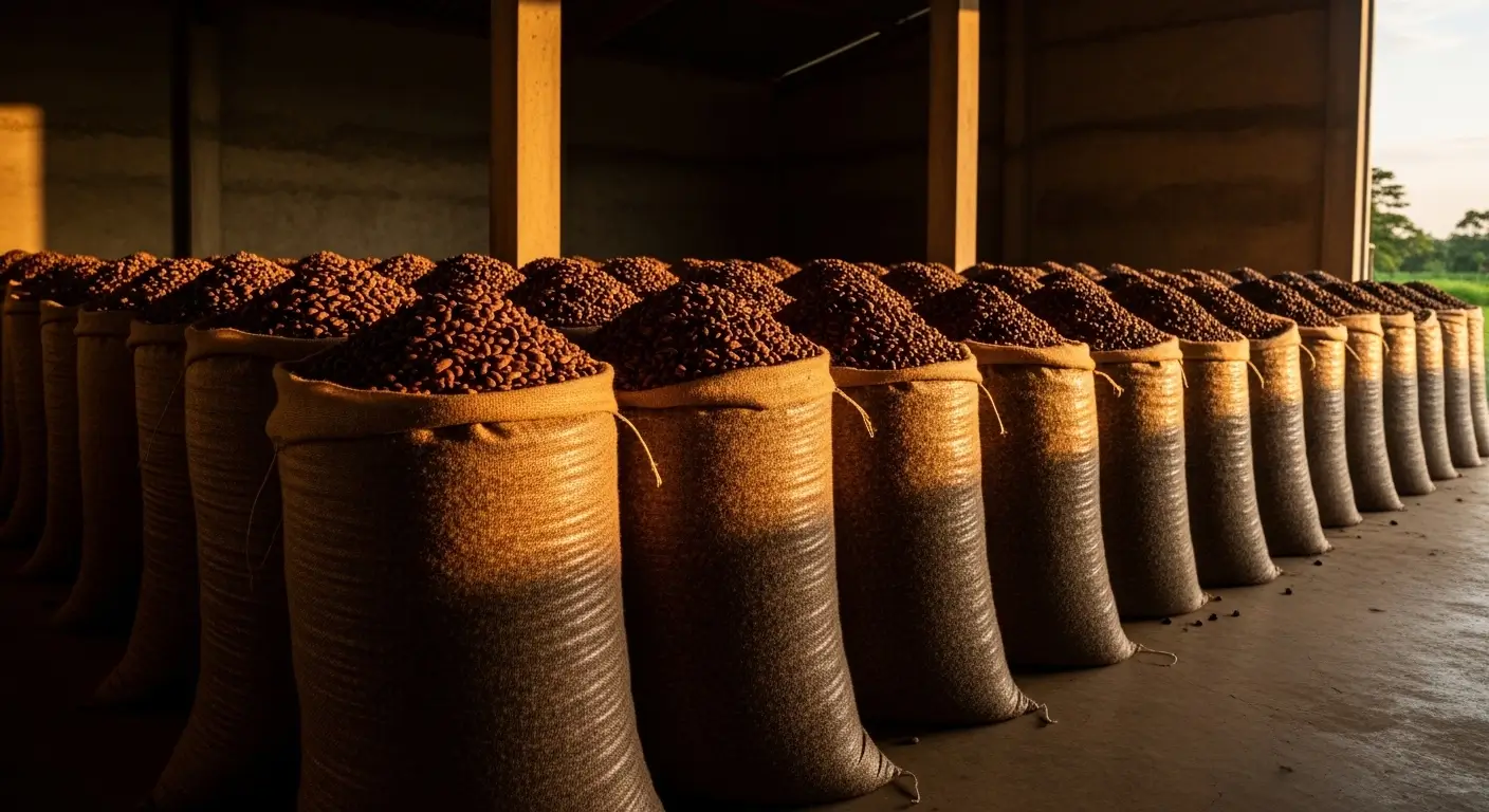 cocoa price collapse Ghana Ivory Coast 2026 raw cocoa beans sacks storage West Africa farm ready collection