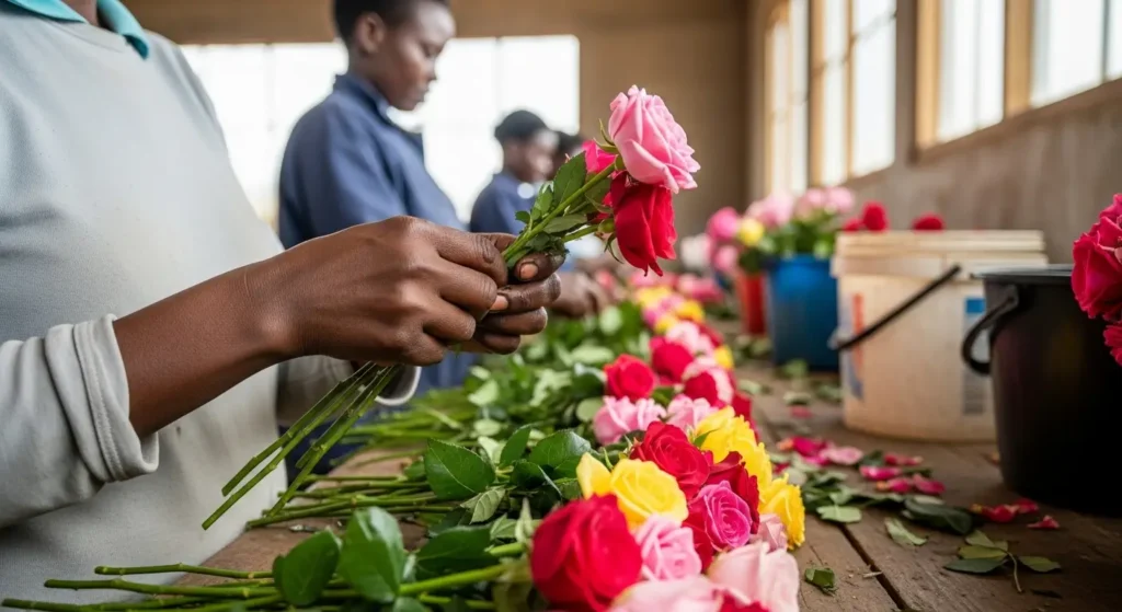 Kenyan woman worker sorting cut flowers horticulture farm AGOA Kenya export jobs women 2026