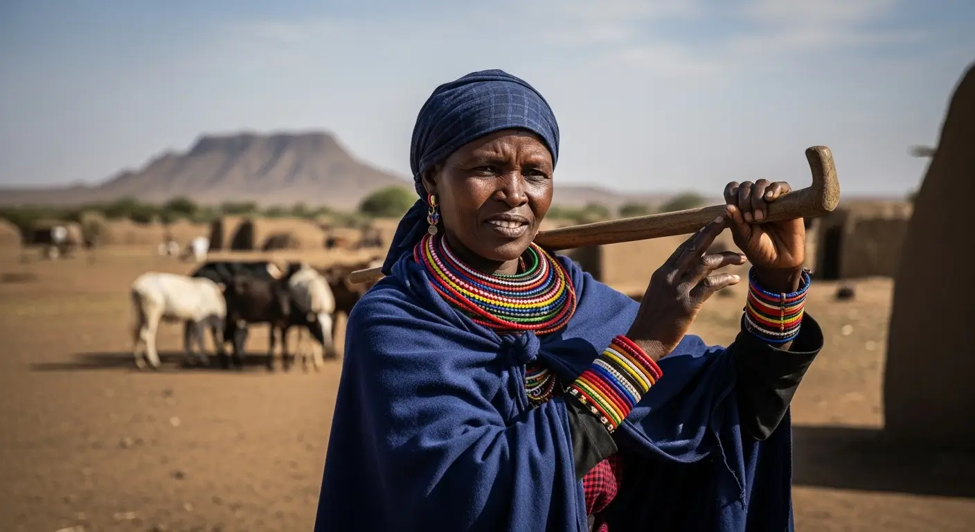 Women farmers Africa food security — Samburu woman farmer carrying a hoe with cattle and goats behind her on arid land in northern Kenya