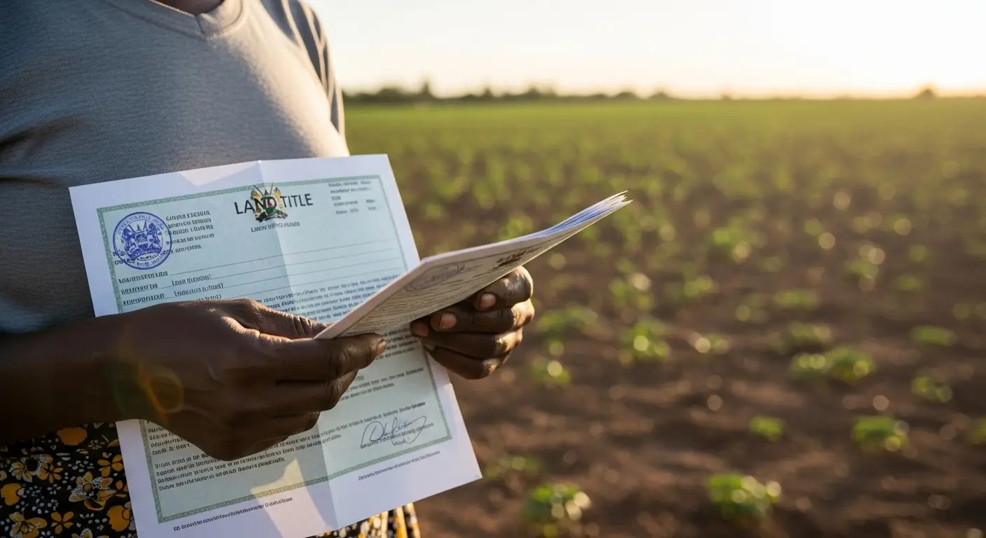 African woman farmer holding a land title document in her farm field illustrating women farmers Africa land ownership rights