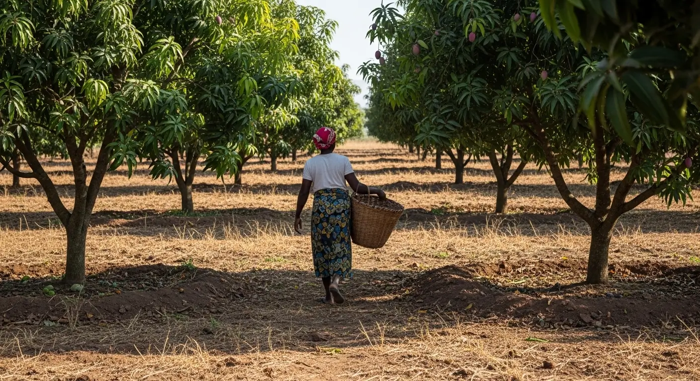 Documentary photo of a Kenyan woman smallholder farmer walking through a mango farm in Makueni County at sunrise, carrying a woven basket between dry trees on uneven soil with natural morning light and slight haze