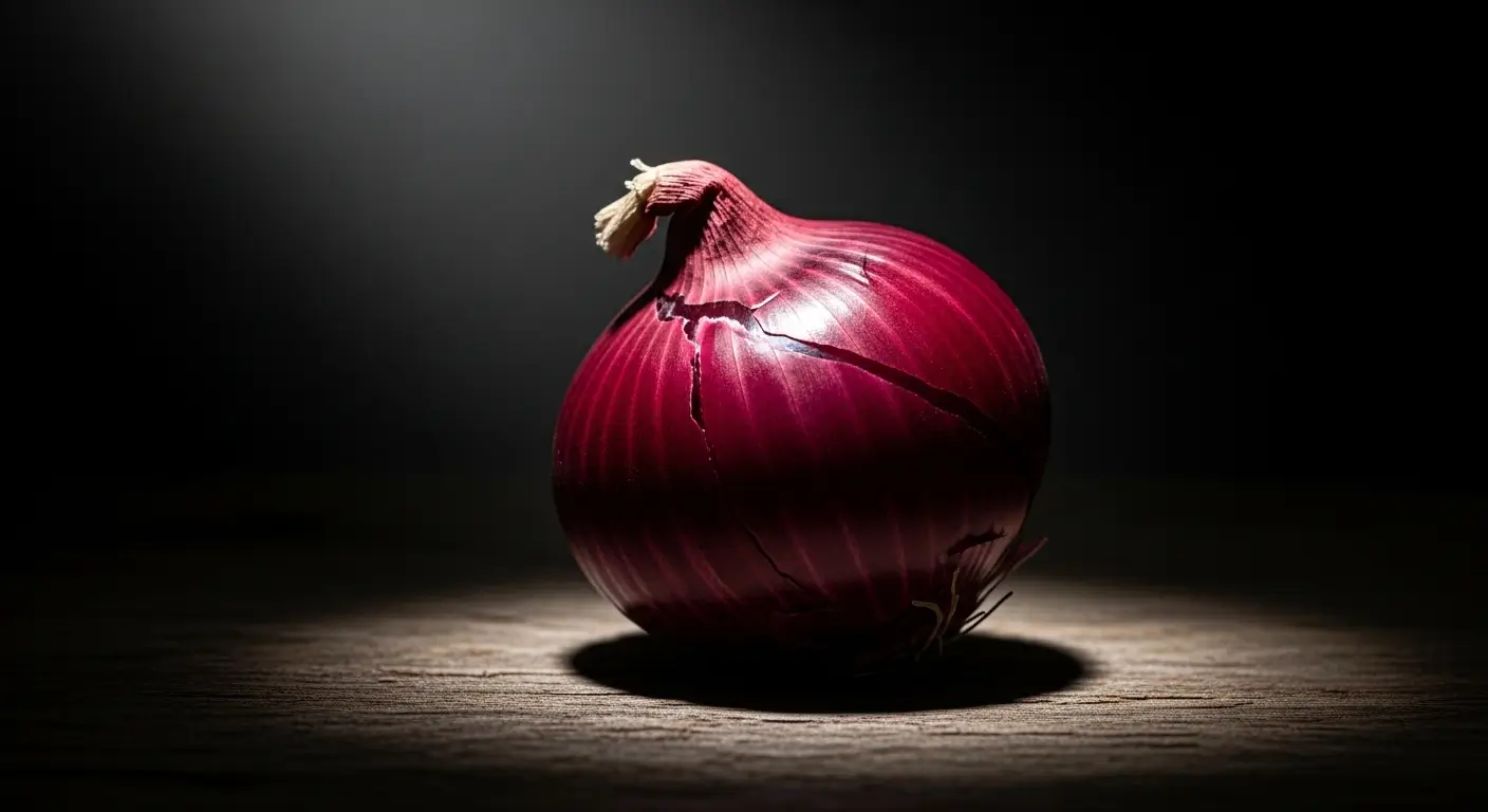Single red onion on a wooden surface under dramatic lighting, symbolizing scarcity and rising onion prices in Africa