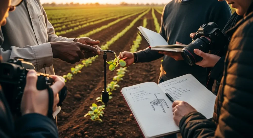 Media farm visit in Kenya during events and activations in Kenya for agribusiness, journalists capturing a live agritech demonstration with notebooks, cameras, and crop inspection in a rural farm setting