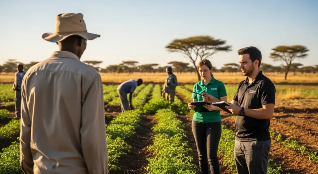 Research analytics and insights in Kenya for agribusiness shown through field research in rural Kenya with agribusiness researchers collecting soil samples, observing crops, and documenting farming practices