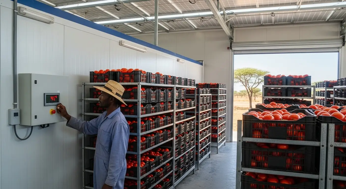 African farmer inspecting tomatoes in a solar-powered cold storage facility, reducing post-harvest losses and preserving fresh produce.