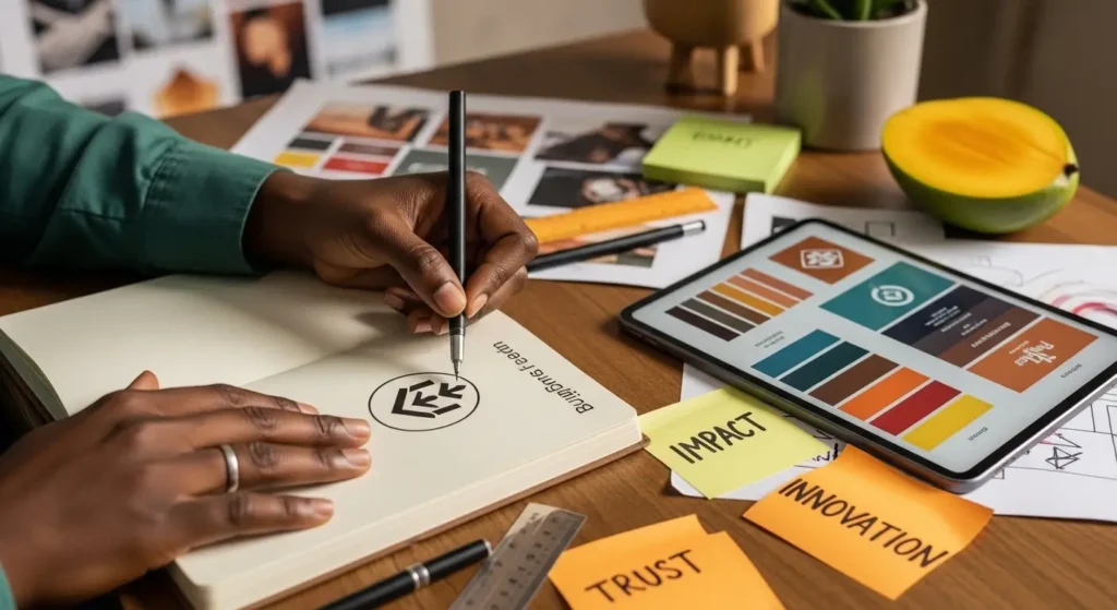 Designer sketching a logo with tablet showing brand colors and typography in a creative African workspace