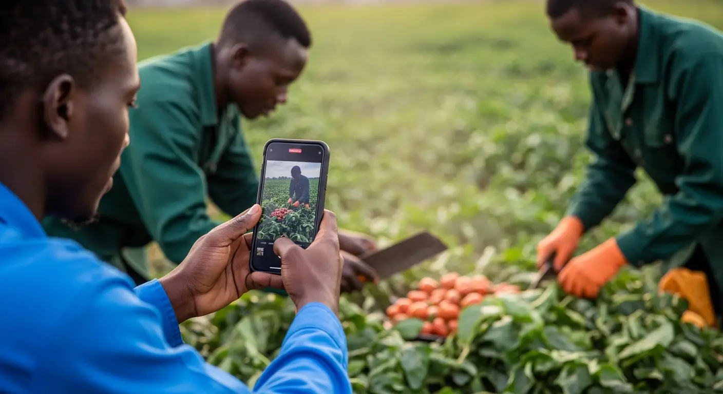 African agribusiness team recording farm produce sorting and packing in a Kenyan agricultural field using a smartphone for digital storytelling and marketing