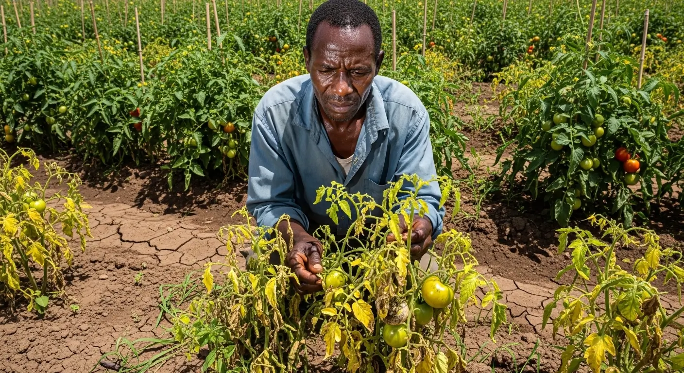 Smallholder tomato farmer in Kenya inspecting damaged crops in a dry field affected by climate change and disease