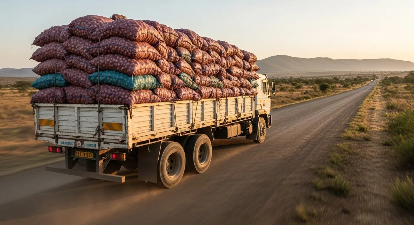 Truck transporting sacks of onions along a rural African road, showing long-distance agricultural logistics and movement of produce.