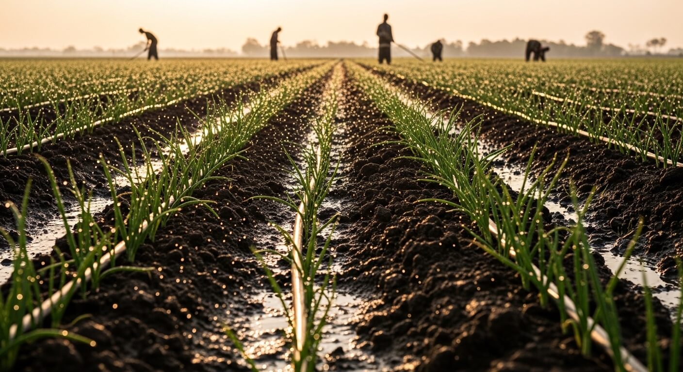 Drip irrigation system watering neatly planted onion rows on an African farm with wet soil, early morning light, and farmers blurred in the background.