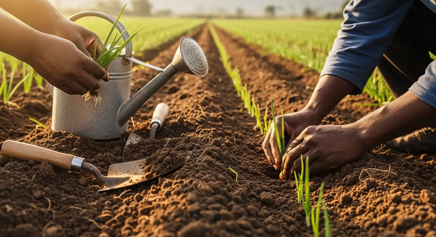African farm workers transplanting onion seedlings into neat soil rows using basic tools and watering cans in a rural East African farm under warm morning light.