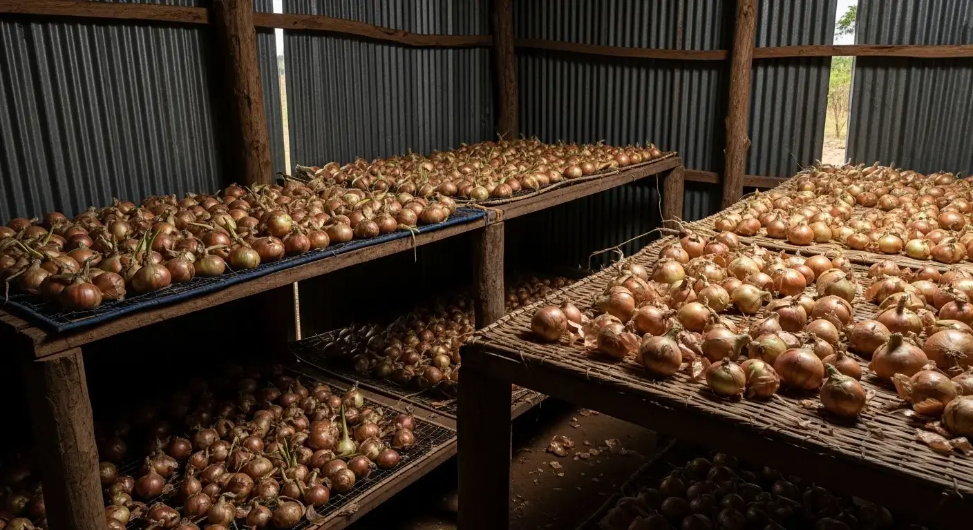 Open-air African market scene with large piles of onions on tarpaulins, traders weighing produce using manual scales, and woven sacks stacked in a busy early morning Nairobi-style marketplace.