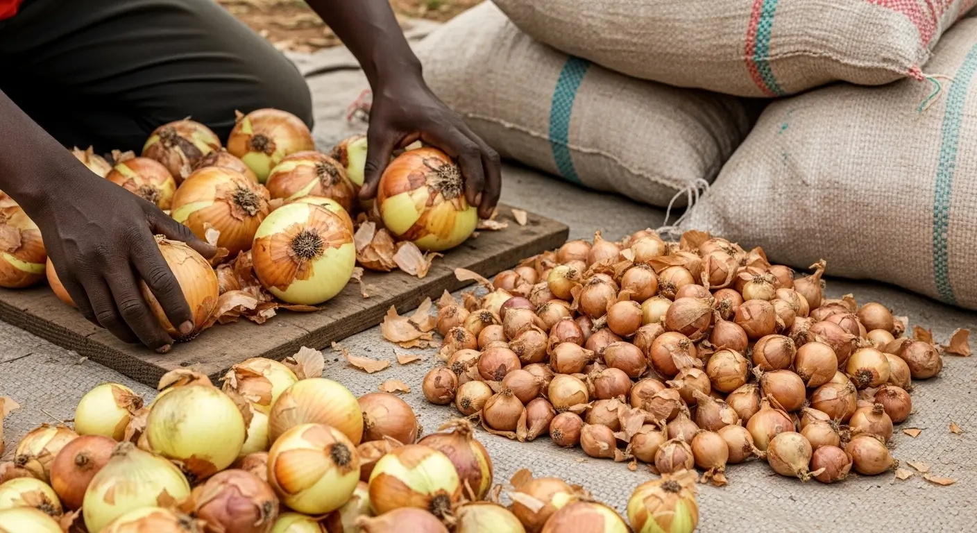 Hands sorting and grading onions into different quality piles in a rural African farmyard with woven sacks and natural daylight.