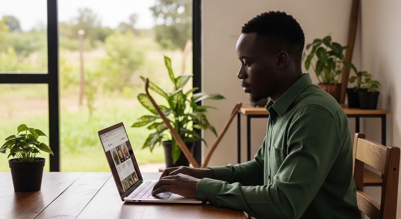Young Kenyan agripreneur using a laptop to market farm products online while overlooking a small green farm in a rural setting